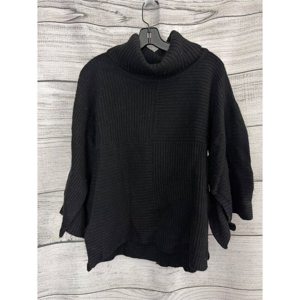 Black Wool Blend Patchwork Sweater With Bell Sleeves & Turtleneck